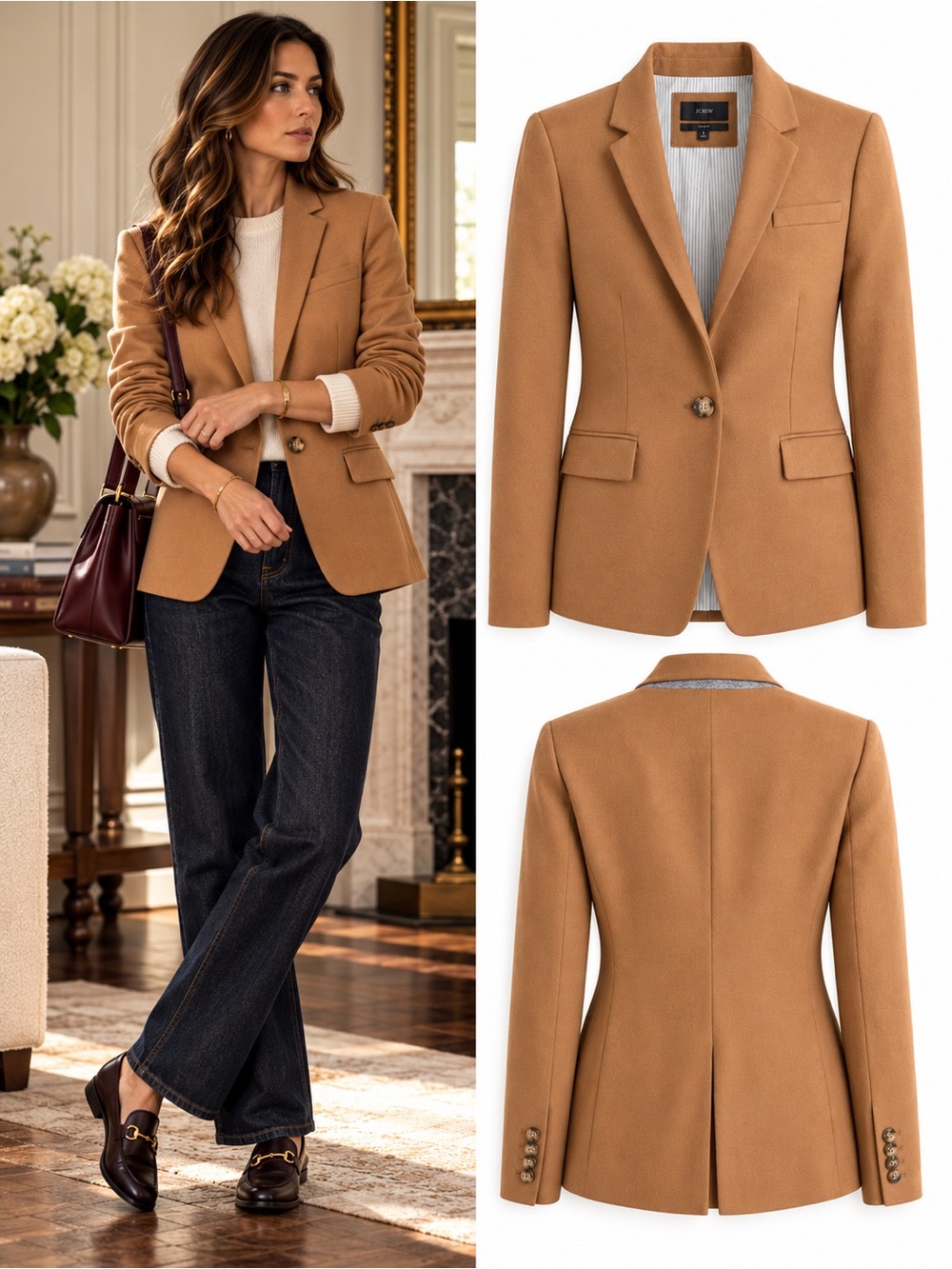 J.Crew Regent Blazer Wool Flannel Camel One Button Jacket Size 6